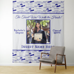 Graduation Wishes Cap Diploma Photo Blue Backdrop Tapestry