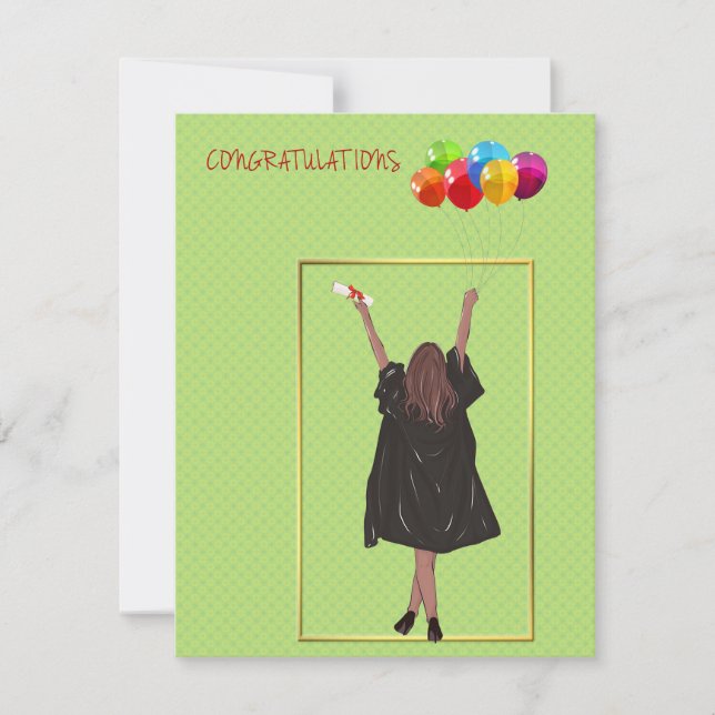 Graduation with Girl Holding Balloons Thank You Card (Front)
