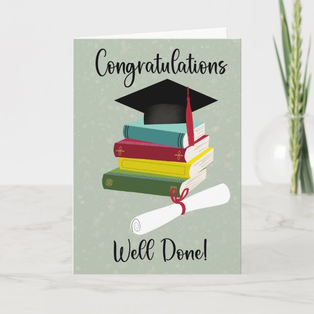 Graduation with Stack of Books Cap and Diploma Card (Front)