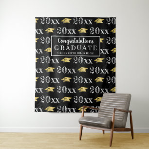 Graduation Year Metallic Gold Cap Pattern Photo Op Tapestry