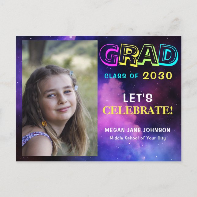 Graduation year neon glow middle school grad photo postcard (Front)