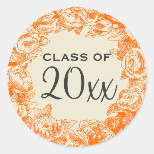 Graduation Year Vintage Roses Orange Classic Round Sticker