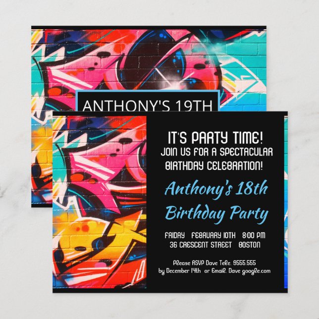 Graffiti Abstract Blue Letters Birthday Invitation (Front/Back)