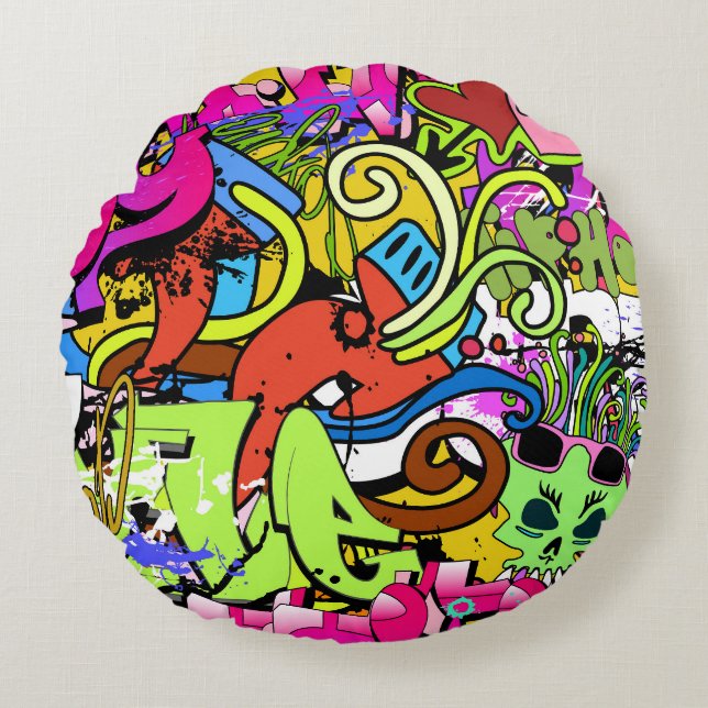 Graffiti Art: Hip-Hop Style Background Round Cushion (Front)