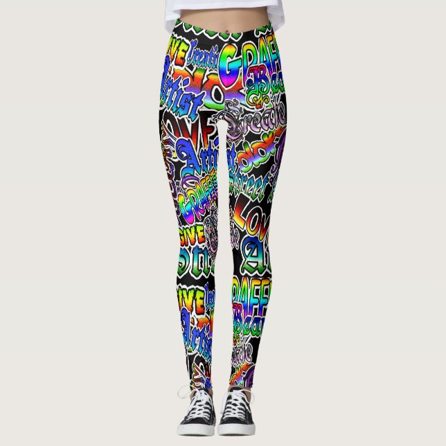 Graffiti Art Leggings, Black Colourful Leggings (Front)