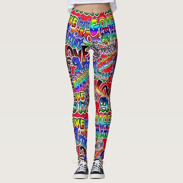 Graffiti Art Leggings, Red Colourful Leggings (Front)