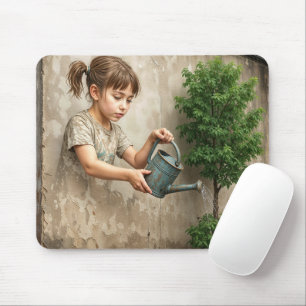 Graffiti Art of Young Girl Watering a City Tree Mouse Mat