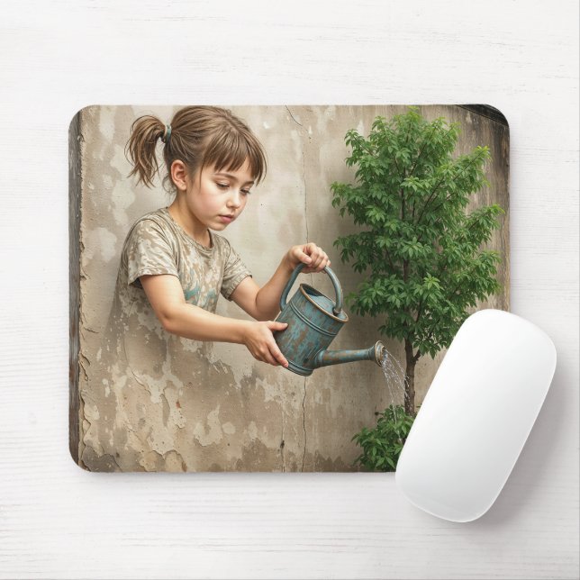 Graffiti Art of Young Girl Watering a City Tree Mouse Mat (With Mouse)