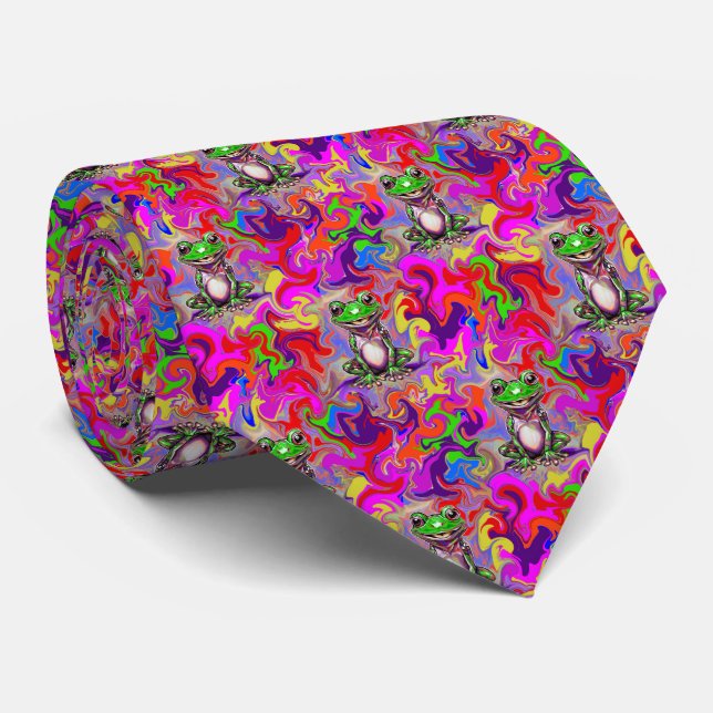 Graffiti Art Psychedelic Frogs Colourful Eclectic Tie (Rolled)