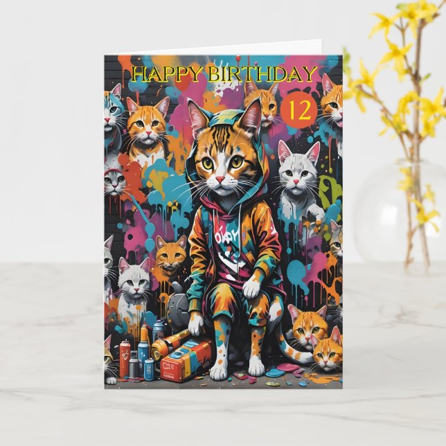 Graffiti Artist Legend Cat 12-Year-Old Birthday Card (Yellow Flower)