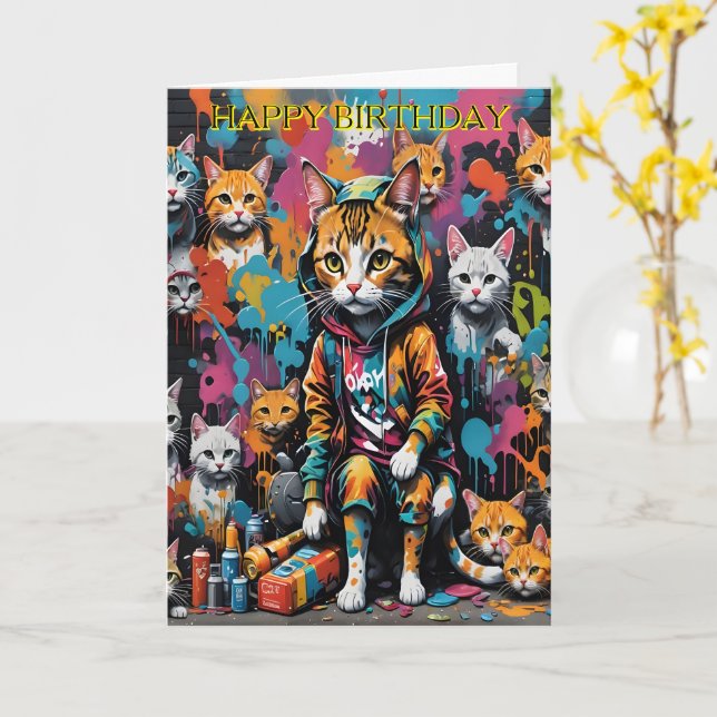 Graffiti Artist Street Cat Milestone Birthday Card (Yellow Flower)