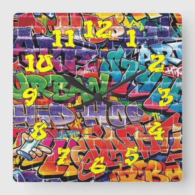 Graffiti Background w/Graffiti Numbers-04 Square Wall Clock (Front)