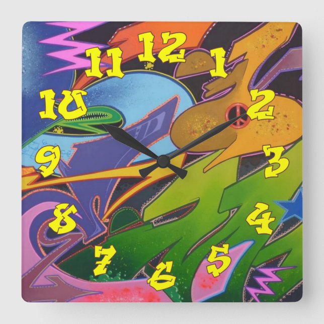 Graffiti Background w/Graffiti Numbers-15 Square Wall Clock (Front)