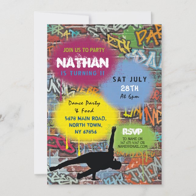 Graffiti Birthday Party Art Dance Spray Paint  Invitation (Front)