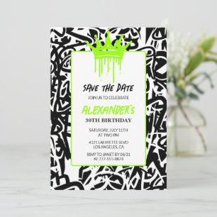 Graffiti Black Green 30th birthday Save the Date Invitation