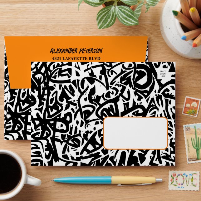 Graffiti Black Orange Birthday Envelope (Desk)