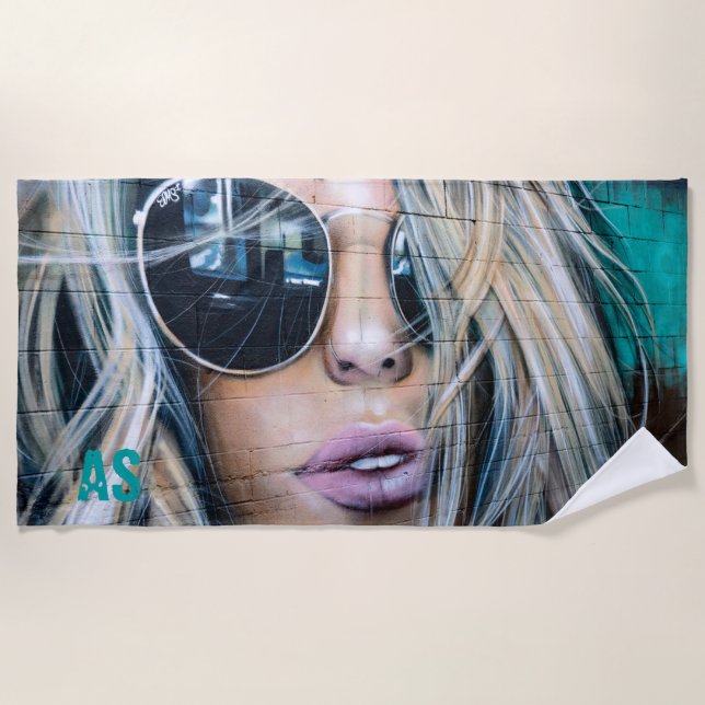 Graffiti Blonde Girl with Round Sunglasses Monogra Beach Towel (Front)