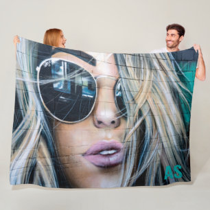 Graffiti Blonde Girl with Round Sunglasses Monogra Fleece Blanket