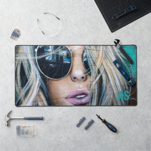 Graffiti Blonde Girl with Sunglasses Monogram Desk Mat