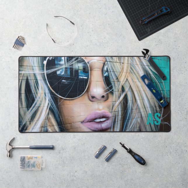 Graffiti Blonde Girl with Sunglasses Monogram Desk Mat (Workstation)