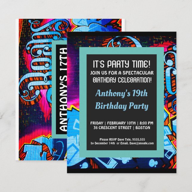Graffiti Blue Abstarct Birthday Invitation (Front/Back)