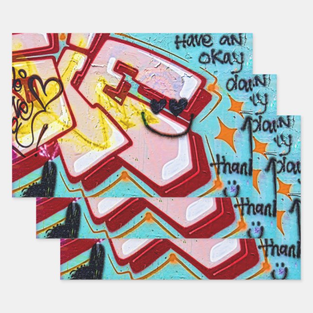 Graffiti Blue Pink Urban Street Wall Art Wrapping Paper Sheet (Set)