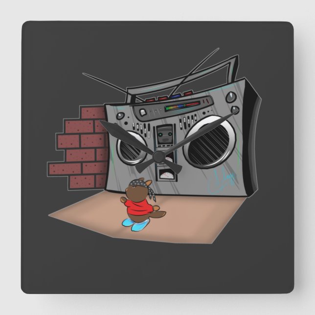 Graffiti Boom Box Break Dance Cartoon Square Wall Clock (Front)