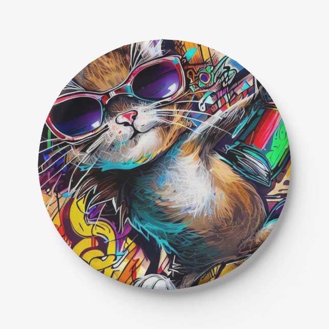 Graffiti Cat: Spray painted cat paper plate (Front)