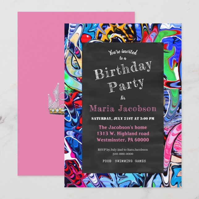 Graffiti chalkboard princess party invitation (Front/Back)