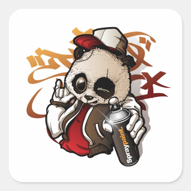 graffiti character cute panda holding a spray pain square sticker (Front)