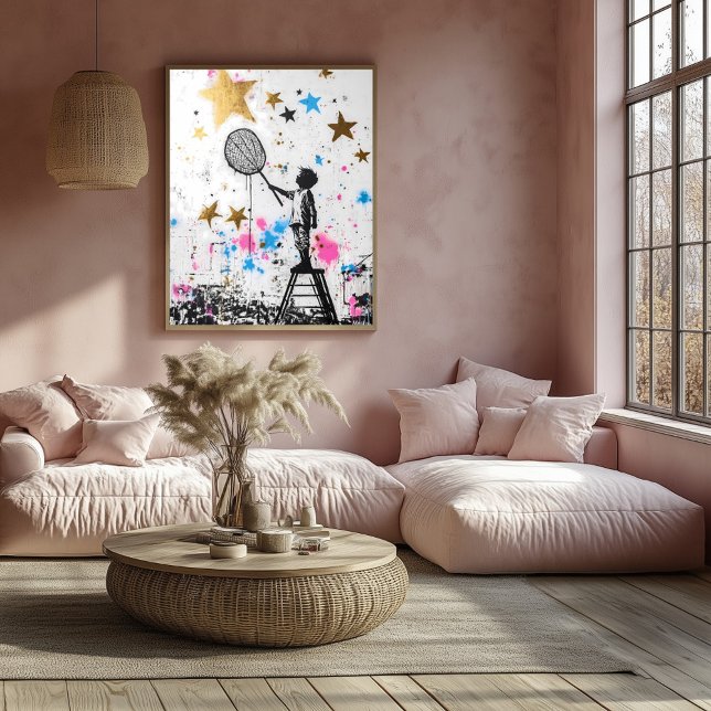 Graffiti Child Catching Stars – Urban Art in Gold  Poster (Creator Uploaded)