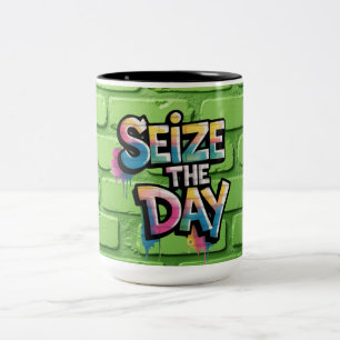 Graffiti Colorful Text Saying Seize The Day Two-Tone Coffee Mug