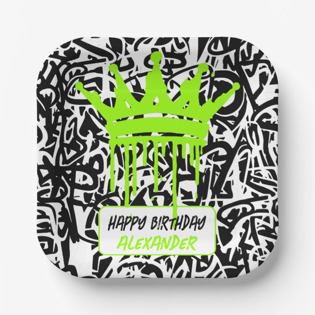 Graffiti Crown Black Green Happy Birthday Paper Plate (Front)