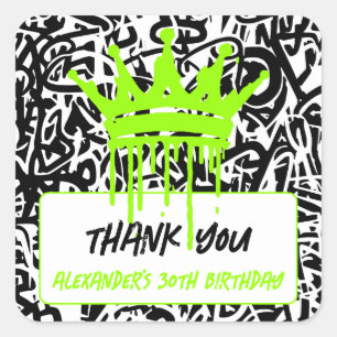 Graffiti Crown Orange Green Thank You Square Sticker