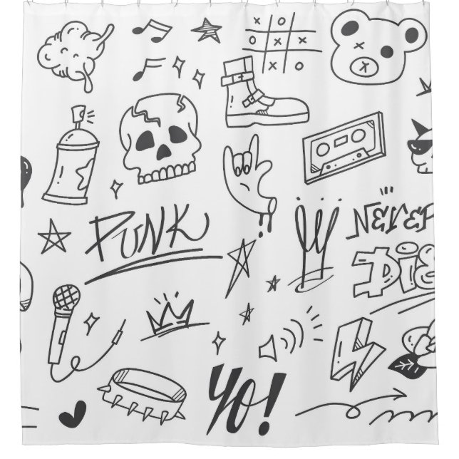Graffiti Doodles: Punk Music Scribble Shower Curtain (Front)