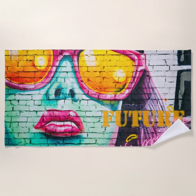 Graffiti Future Is Bright Neon Girl & Sunglasses  Beach Towel (Front)