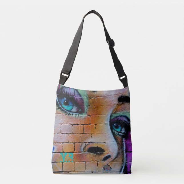 Graffiti Girl Purple Blue Eyes Monogram Crossbody Bag (Front)