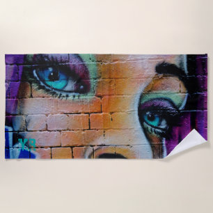 Graffiti Girl Purple Blue Pretty Eyes Monogram Beach Towel