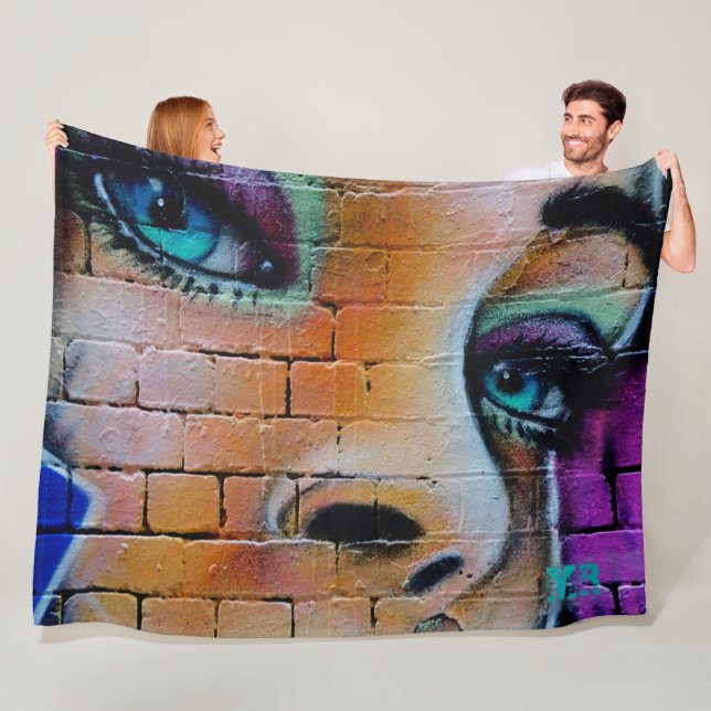 Graffiti Girl Purple Blue Pretty Eyes Monogram Fleece Blanket (In Situ)