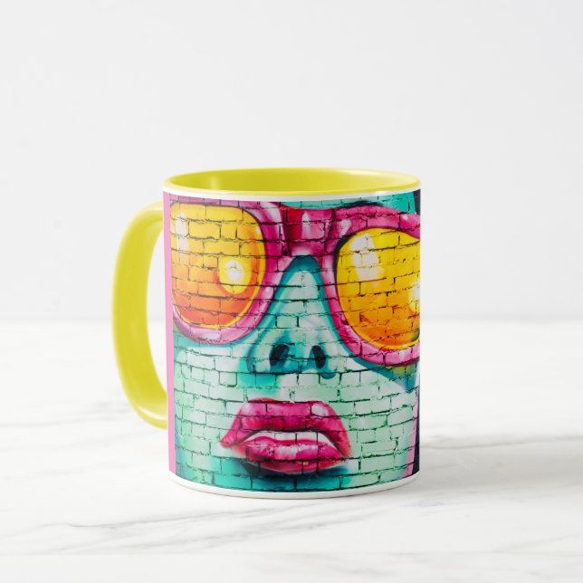 Graffiti girl street pop art teal pink yellow cute mug (Front Left)