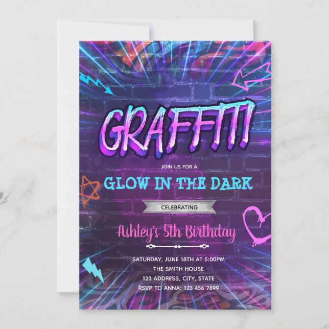 Graffiti glow neon birthday invitation (Front)