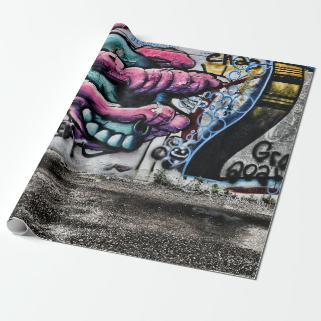 Graffiti Grey Pink Skull Urban Street Wall Art Wrapping Paper (Unrolled)