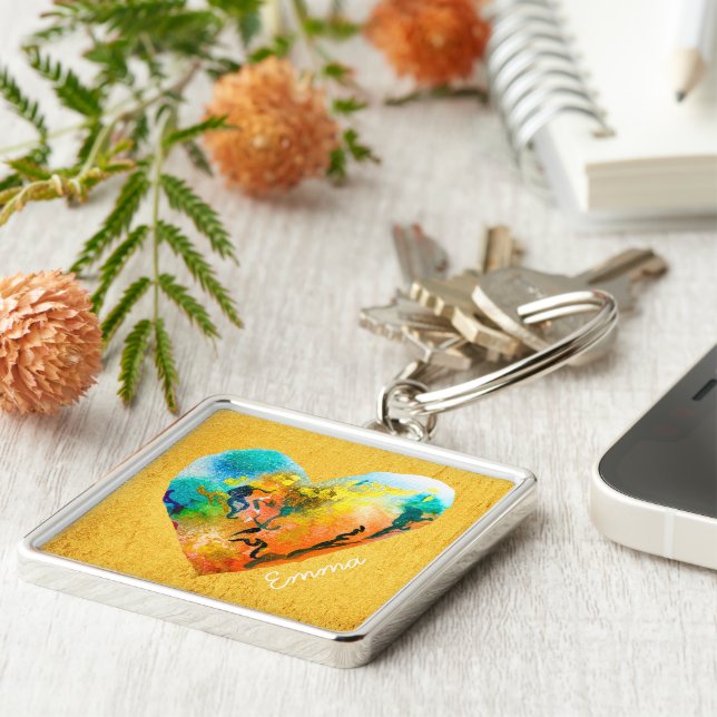 Graffiti heart golden watercolor art keychain (Side)