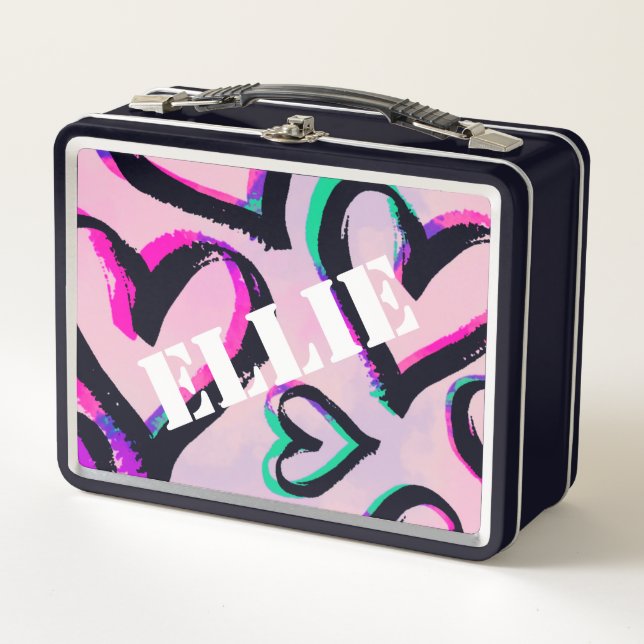Graffiti Hearts Black Lunchbox (Front)