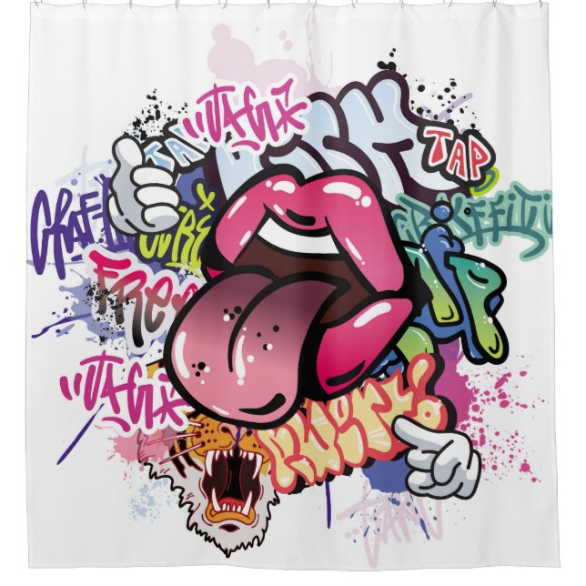 Graffiti illustration with street graffiti letters shower curtain (Front)