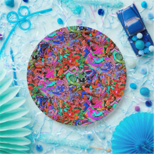 Graffiti in blues, green and red paper plate