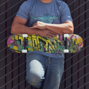 Graffiti in magenta and yellow skateboard