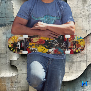Graffiti-Inspired & Bold Abstract Symbol and Skull Skateboard