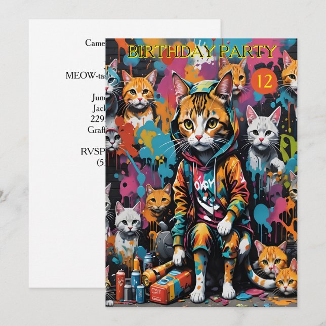 Graffiti Legend Street Cat 12th Birthday Invitation (Front/Back)
