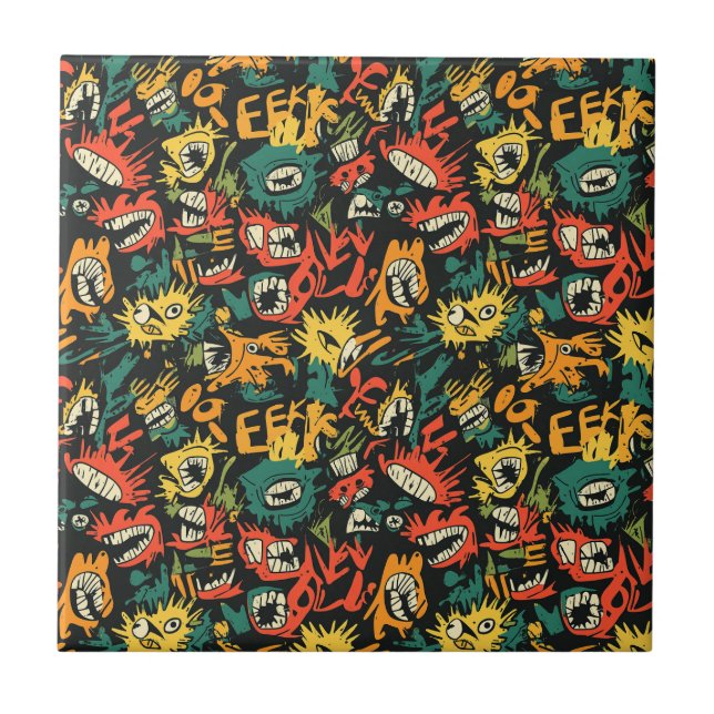 Graffiti Monster Eek Black Halloween Tile (Front)
